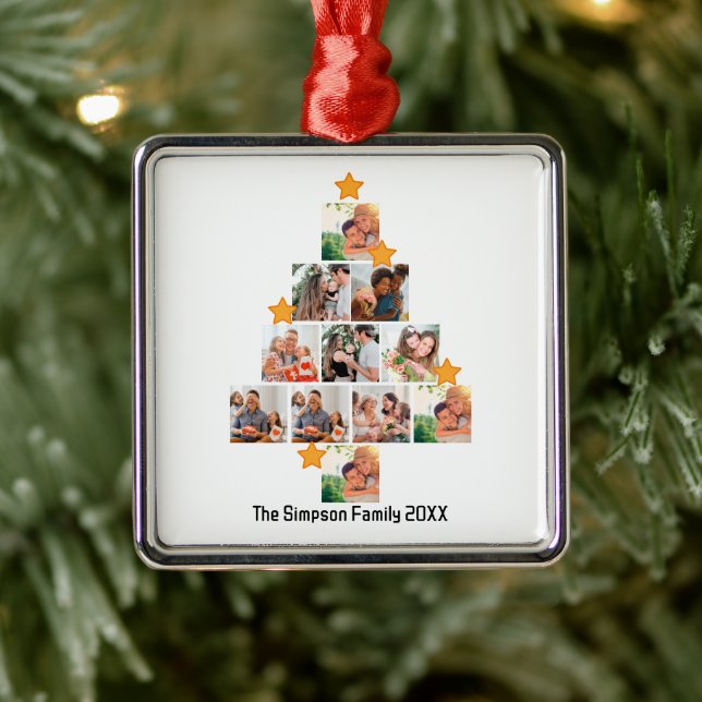 Personalised Fun Family Christmas 11 Photo Collage Metal Ornament (Tree)