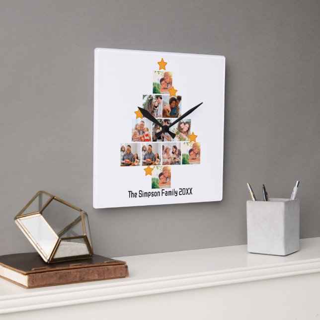 Personalised Fun Family Christmas 11 Photo Collage Square Wall Clock (Office)