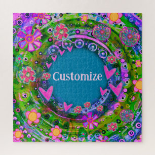 Personalised Fun Floral Hearts Name Jigsaw Puzzle