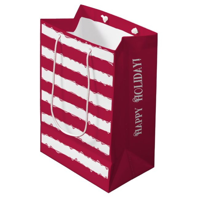Personalised Fun Holiday Red, White Ribbon Stripes Medium Gift Bag (Front Angled)