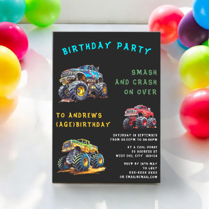 Personalised fun monster truck kids birthday  invitation