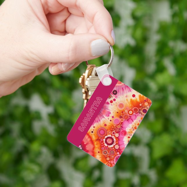 Personalised Fun Retro Orange Hot Pink Art Pattern Key Ring (Hand)