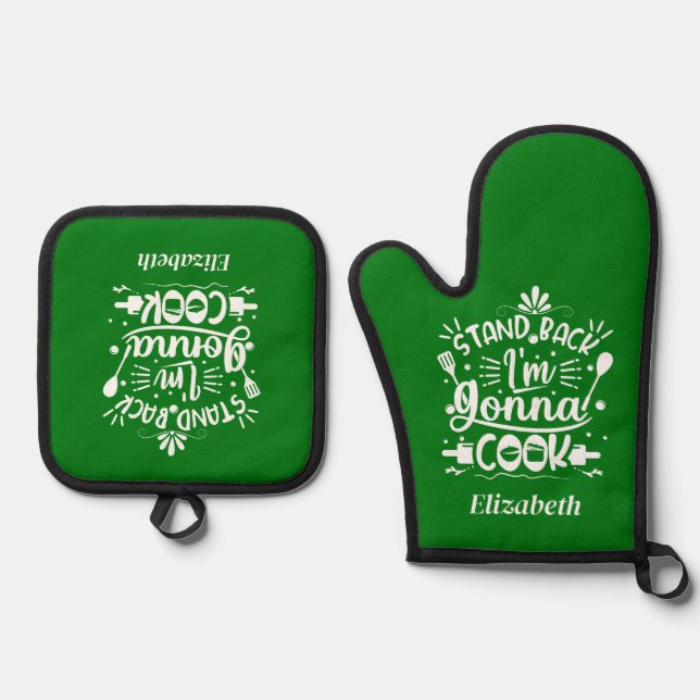 Personalised Fun Stand Back I Am Gonna Cook Green Oven Mitt & Pot Holder Set (Front)
