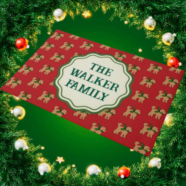 Personalised Fun Tan Doodle Dog Red Doormat (Welcome family and friends with this personalized door mat!)