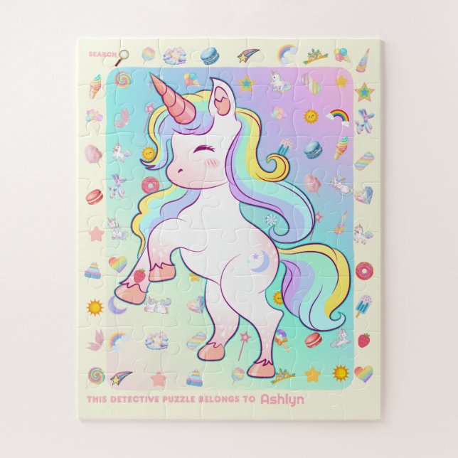 Personalised Fun Unicorn Detective Object Hunt Jigsaw Puzzle (Vertical)