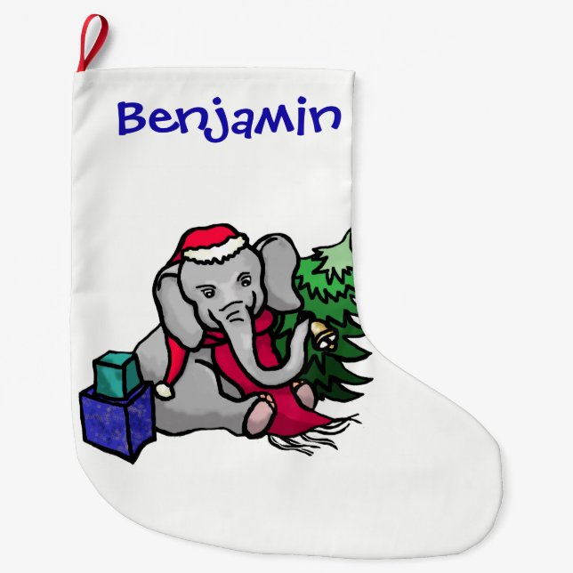 Personalised Fun Xmas Cartoon Elephant in the Snow Large Christmas Stocking (Front)