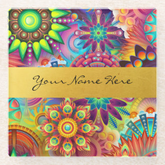Personalised Funky Boho Floral Flame Mandalas Glass Coaster
