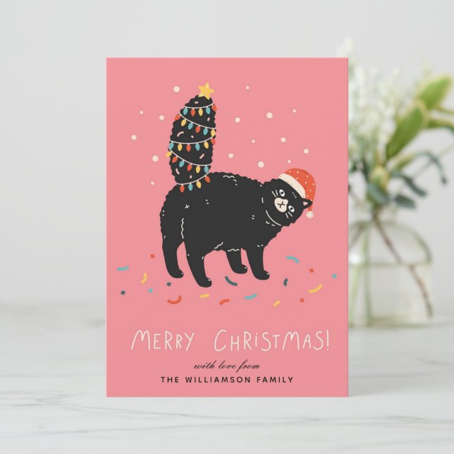 Personalised Funny Black Cat Christmas Tree Holiday Card (Standing Front)