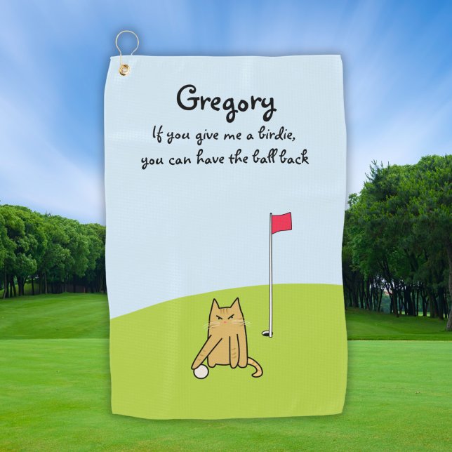 Personalised Funny Cartoon Cat Golf Joke Golf Towel (Creator Uploaded)