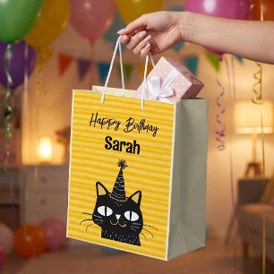 Personalised Funny Cute Black Cat Happy Birthday Medium Gift Bag
