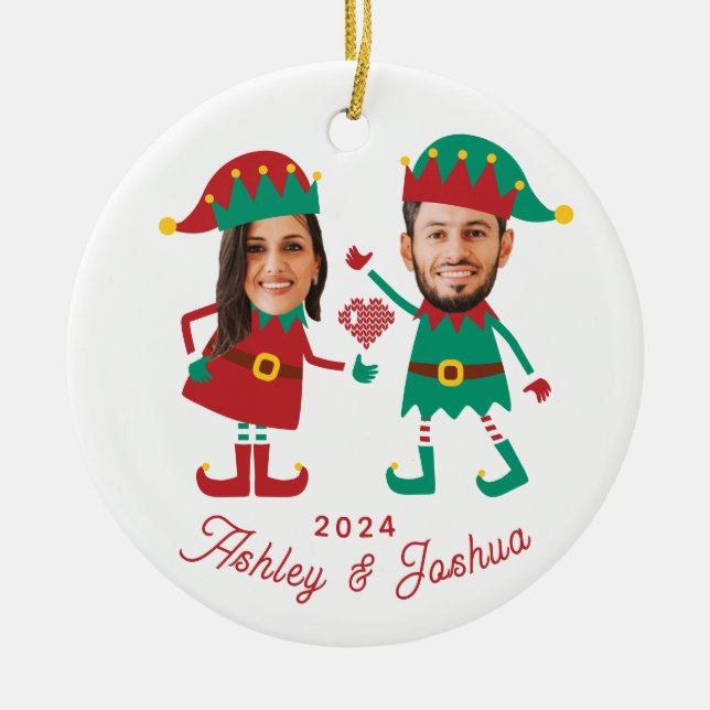 Personalised Funny Face Photo Christmas Elf Family Ceramic Ornament (Front)