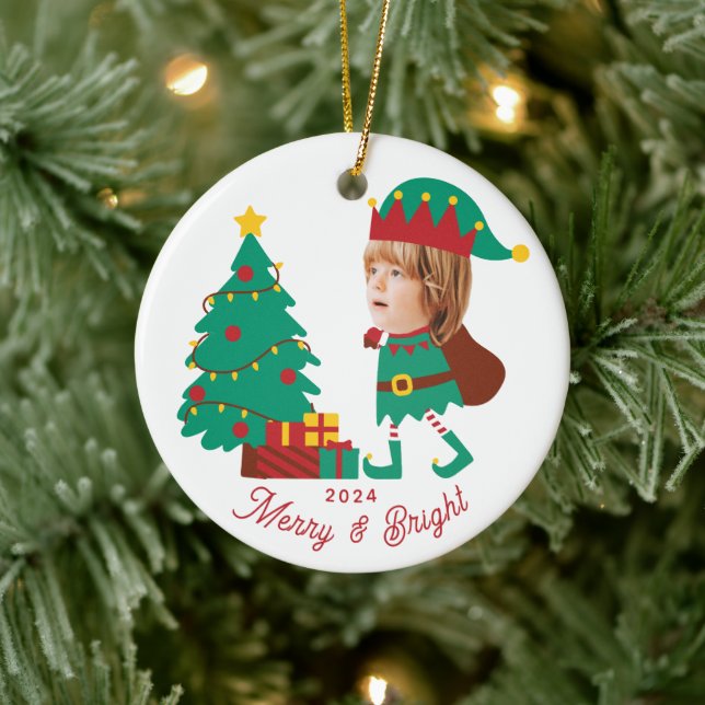 Personalised Funny Face Photo Christmas Elf Family Ceramic Ornament (Tree)