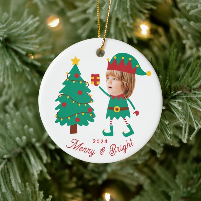 Personalised Funny Face Photo Christmas Elf Family Ceramic Ornament (Tree)
