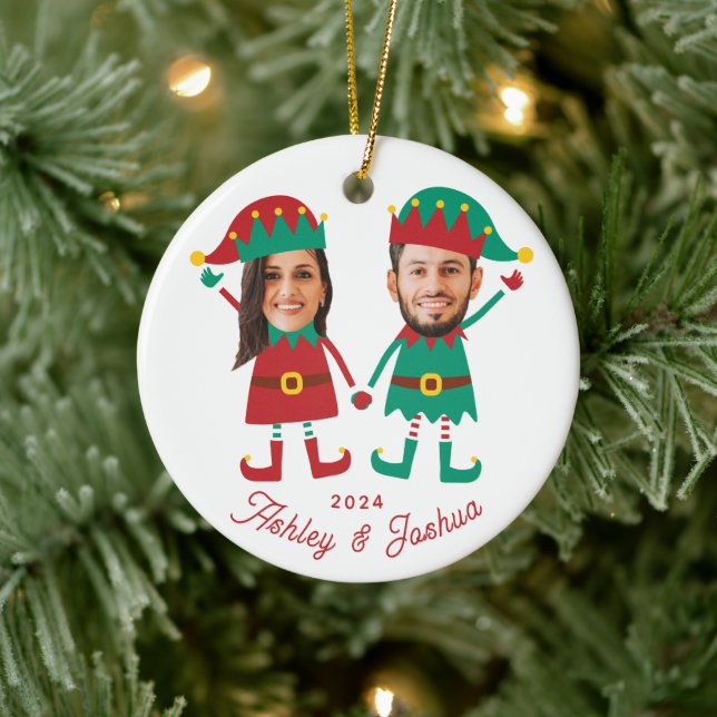 Personalised Funny Face Photo Christmas Elf Family Ceramic Ornament (Tree)