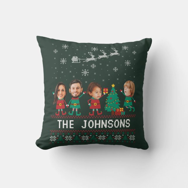 Personalised Funny Face Photo Christmas Elf Family Cushion (Front)