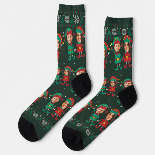 Personalised Funny Face Photo Christmas Elf Family Socks