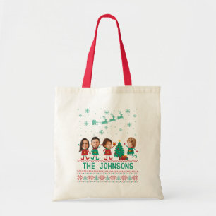 Personalised Funny Face Photo Christmas Elf Family Tote Bag