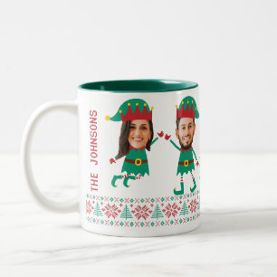 Personalised Funny Face Photo Christmas Elf Family Two-Tone Coffee Mug