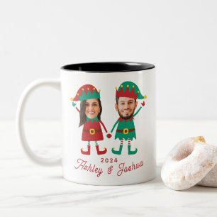 Personalised Funny Face Photo Christmas Elf Family Two-Tone Coffee Mug