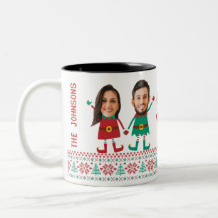 Personalised Funny Face Photo Christmas Elf Family Two-Tone Coffee Mug