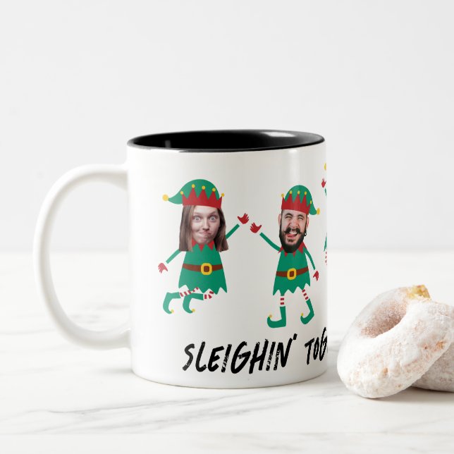 Personalised Funny Face Photo Christmas Elf Two-Tone Coffee Mug (With Donut)