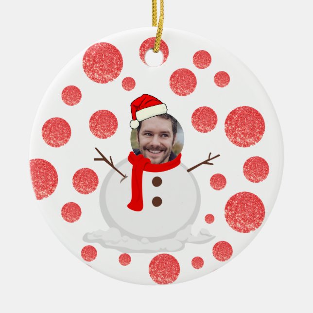 Personalised funny face photo snowman christmas ce ceramic ornament (Front)
