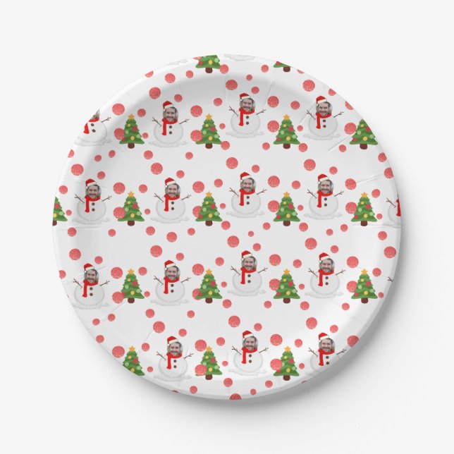 Personalised funny face photo snowman paper plate (Front)