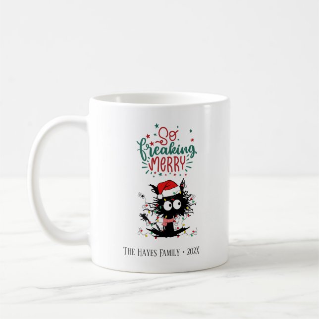 Personalised Funny Freaking Cat Christmas Mug (Left)