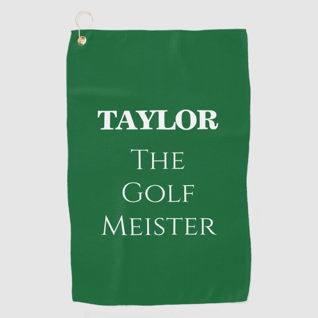 Personalised Funny Golf Meister Quote Green Golf Towel (Front)