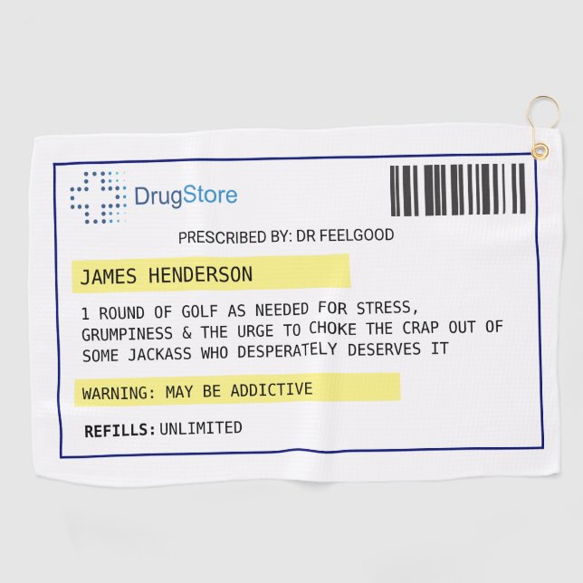 Personalised funny golf prescription golf towel (Horizontal)