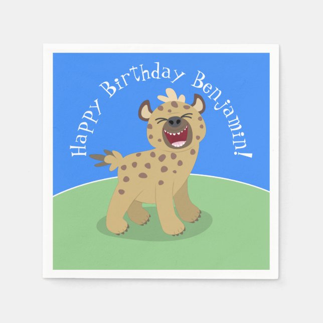 Personalised funny hyena laughing cartoon birthday napkin (Front)