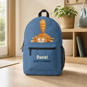 Personalised Funny Orange Cat Blue Kids School Printed Backpack