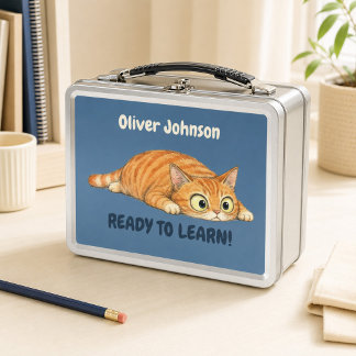 Personalised Funny Orange Cat Denim Blue Metal  Lunch Box