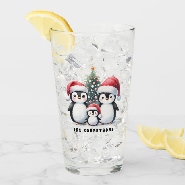 Personalised Funny Penguins Family Christmas Glass (Front Ice)