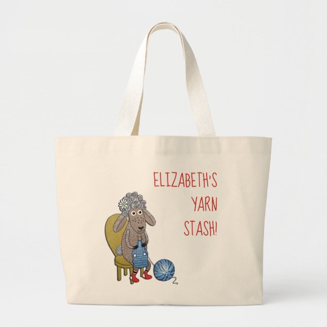 Personalised Funny Sheep Knitter with yarn Large Tote Bag (Front)