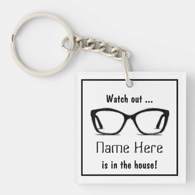 Personalised Funny "Watch out" Black Spectacles Key Ring (Front)