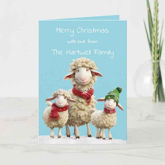 Personalised Funny Watercolour Sheep Family Holiday Card (Front)