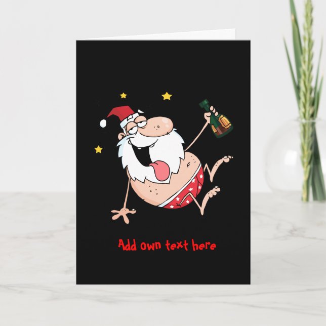Personalised Funny Xmas cartoon drunk Santa Holiday Card (Front)