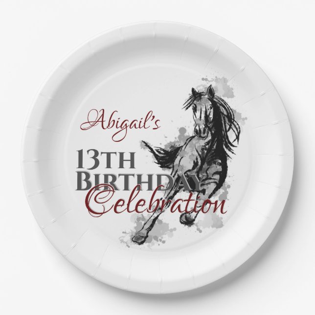 Personalised Galloping Horse Sketch Birthday Paper Plate (Front)