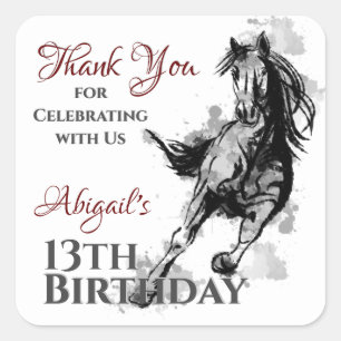 Personalised Galloping Horse Thank You Birthday Square Sticker