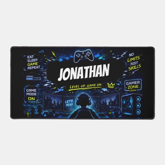 Personalised Gamer Neon Gaming Setup Desk Mat (Front)