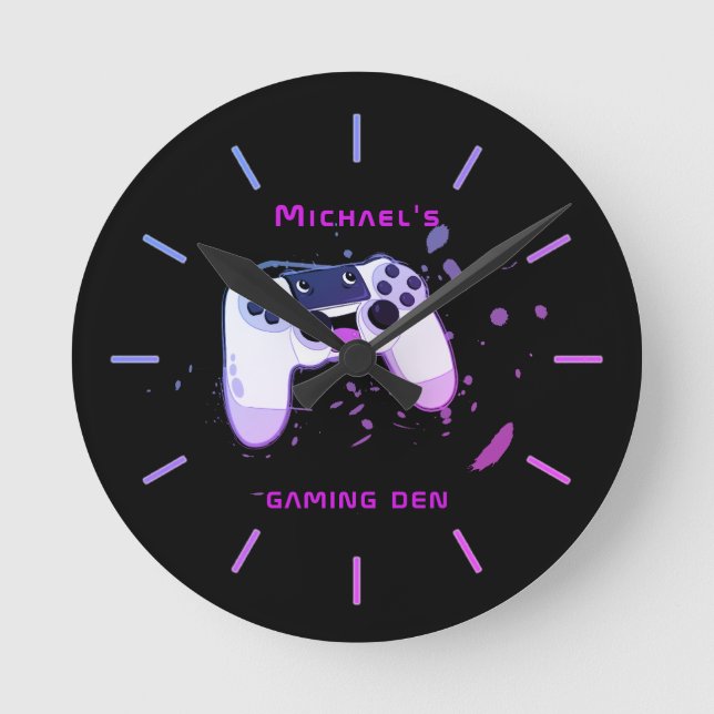 Personalised GAMING DEN Gamers Wall Clock Neon (Front)