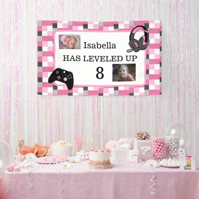 Personalised Gaming Themed Pink Birthday   Banner (Party)