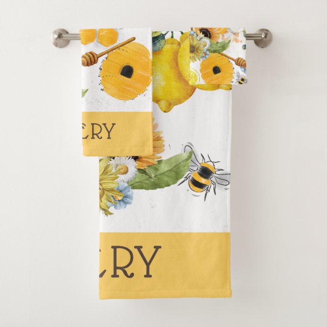 Personalised Garden Bee Sunflower Pattern Bath Towel Set (Insitu)