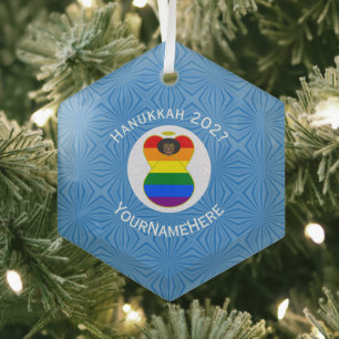 Personalised Gay Pride Black Angel Hanukkah Flag Glass Tree Decoration