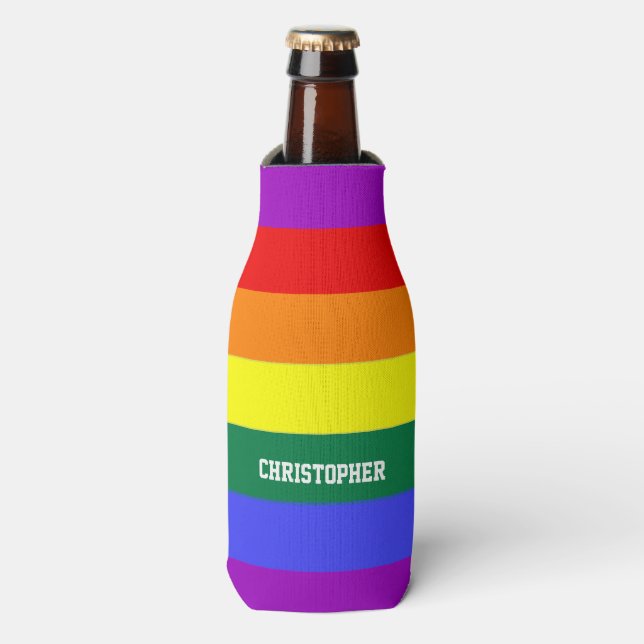 Personalised Gay Pride Rainbow Flag Bottle Cooler (Bottle Front)