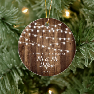 Personalised Gay Wedding Rustic Wood String Lights Ceramic Ornament