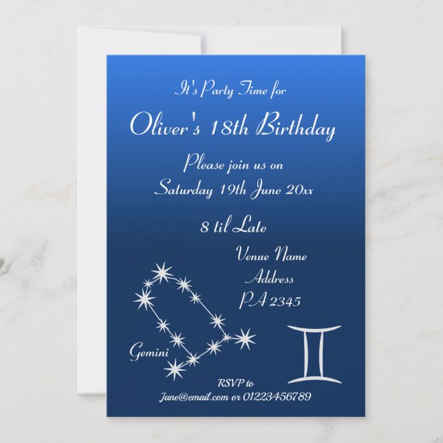 Personalised Gemini Zodiac Galaxy Party Invitation (Front)