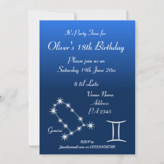 Personalised Gemini Zodiac Galaxy Party Invitation