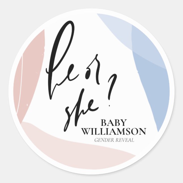 Personalised Gender Reveal He or She Classic Round Sticker (Front)